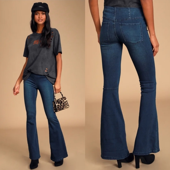 Free People Blue Denim Penny Pull-On Flare Jeans - Picture 3 of 9